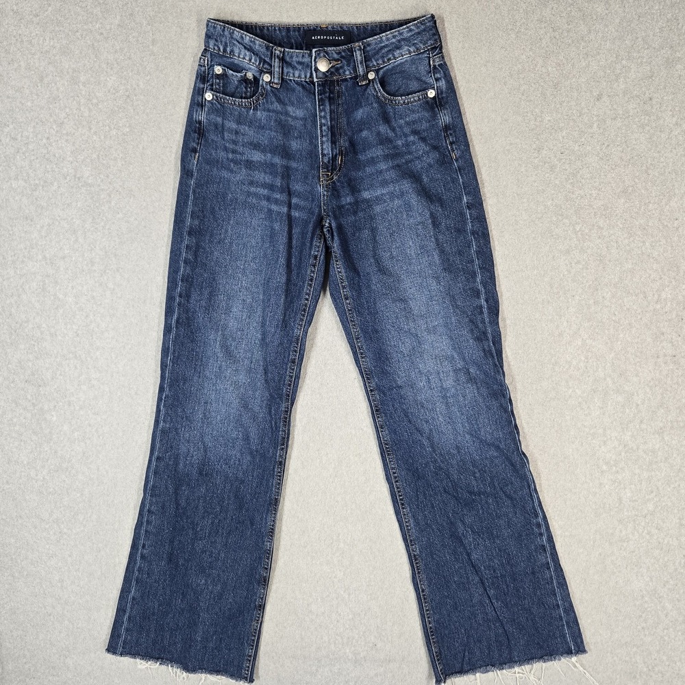 Aeropostale Women Jeans 0 Blue Denim Wide-Leg High Rise Frayed Hem 30" Inseam